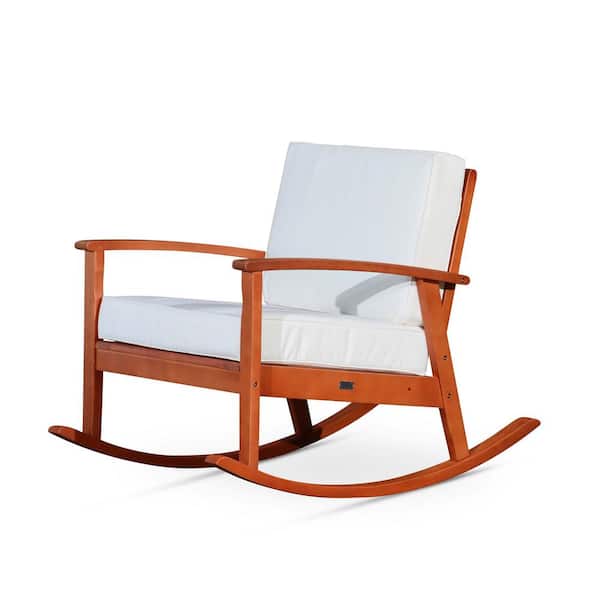 Unbranded Natural Oil Eucalyptus Wood Outdoor Rocking Chair, All Weather Chair for relaxing with Cream Cushions