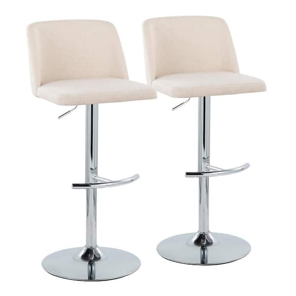 Lumisource Toriano 33 in. Cream Noise Fabric and Chrome Metal Adjustable Bar Stool with Rounded T Footrest (Set of 2)