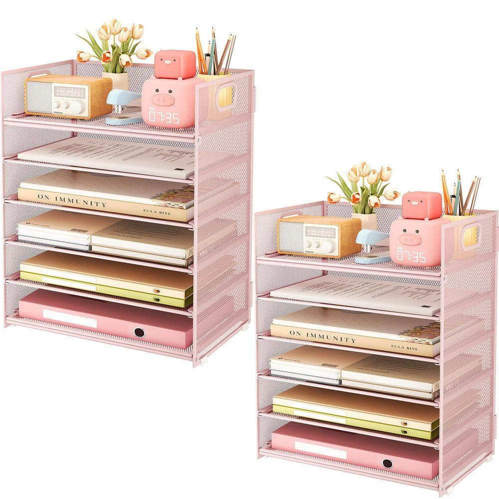 12.6 in x 13.5 in 2-Pack 6-Tier Pink Metal Paper Tray Organizer