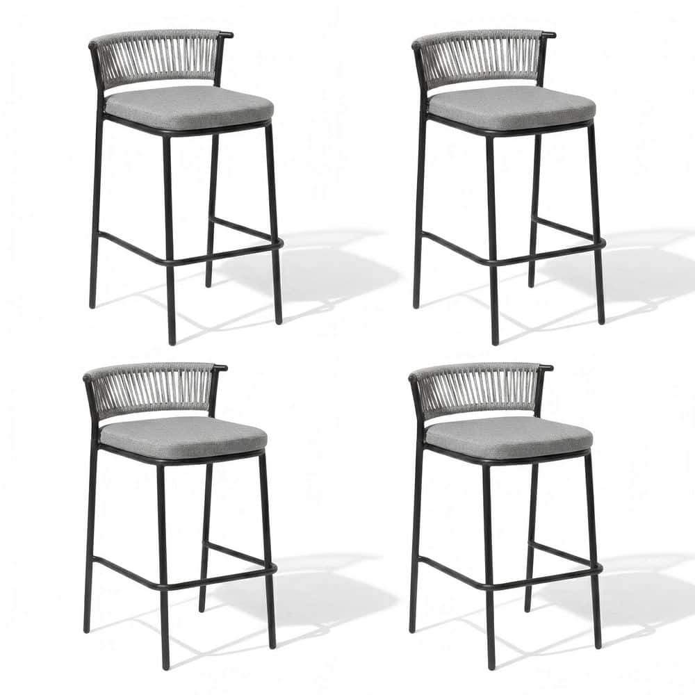 "4-Pack Metal Outdoor Bar Stool with 2.75"" Thick Cushion in Light Gray Stackable Bar Stools with Rattan Backrest for Deck" price history on PriceWatchPro