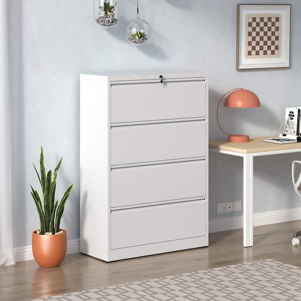 4 Drawer Metal Lateral File Cabinet with Lock Office Home Pantry Organizer for A4 Legal/Letter Size, White