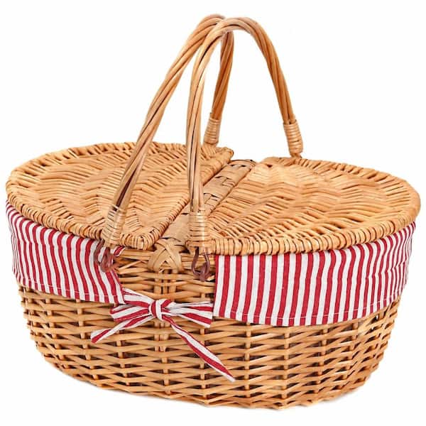 Wicker Picnic Basket with Removable Liner, Foldable Handles and Secure Lid, Red Stripe, 11.4 x 15.4 x 7.1