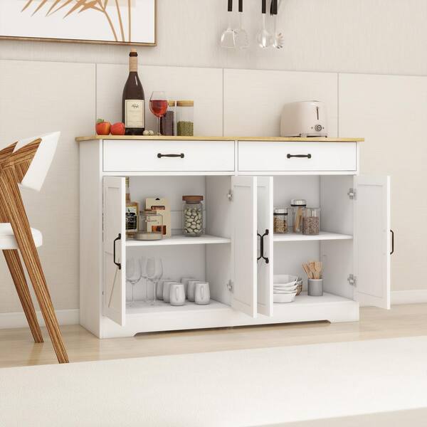 FUNKOL 47.95inx15.35inx32.09in MDF Ready to Assemble Kitchen Cabinet in White with 2 Drawers and 4 Field Cabinet Doors