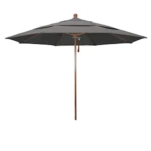 11 ft. Woodgrain Aluminum Commercial Market Patio Umbrella Fiberglass Ribs and Pulley Lift in Charcoal Sunbrella