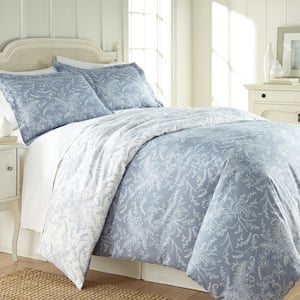 Winter Brush Reversible 3-Piece Blue Floral Microfiber Full/Queen Comforter Set
