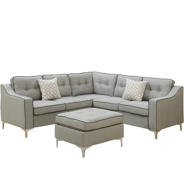Venetian Worldwide Palermo Light Gray Fabric 4-Seater L-Shaped Sectional Sofa with Ottoman
