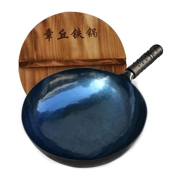 Hand Hammered Blue Carbon Steel Wok 13 in. Blue Black Finish Non-Stick Uncoated Iron Features Set Cooktop Compatible