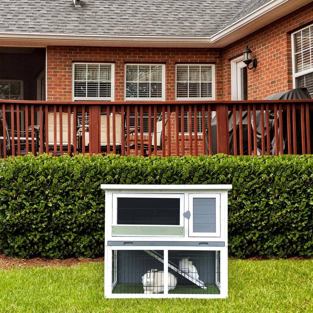 Gray and White Wooden 2-Story Chicken Coop with Ramp