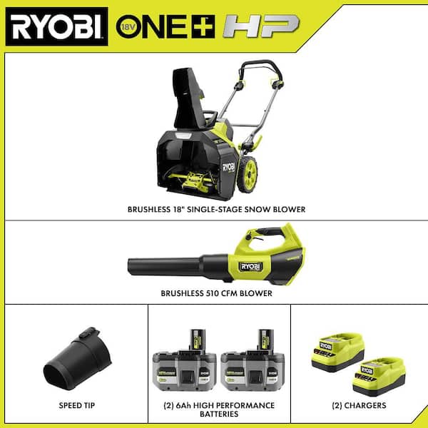 18V HP Brushless 18" Single-Stage Cordless Electric Snow Blower & 510 CFM Leaf Blower w/ (2) 6.0 Ah Batteries & Charger