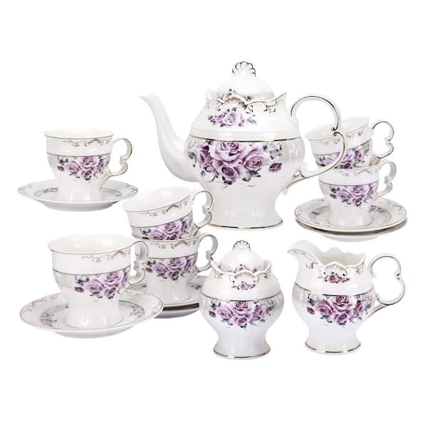 15 Piece Porcelain Purple Rose Tea Set with Gold Trim, Classic British Style, Microwave Safe, Household Use