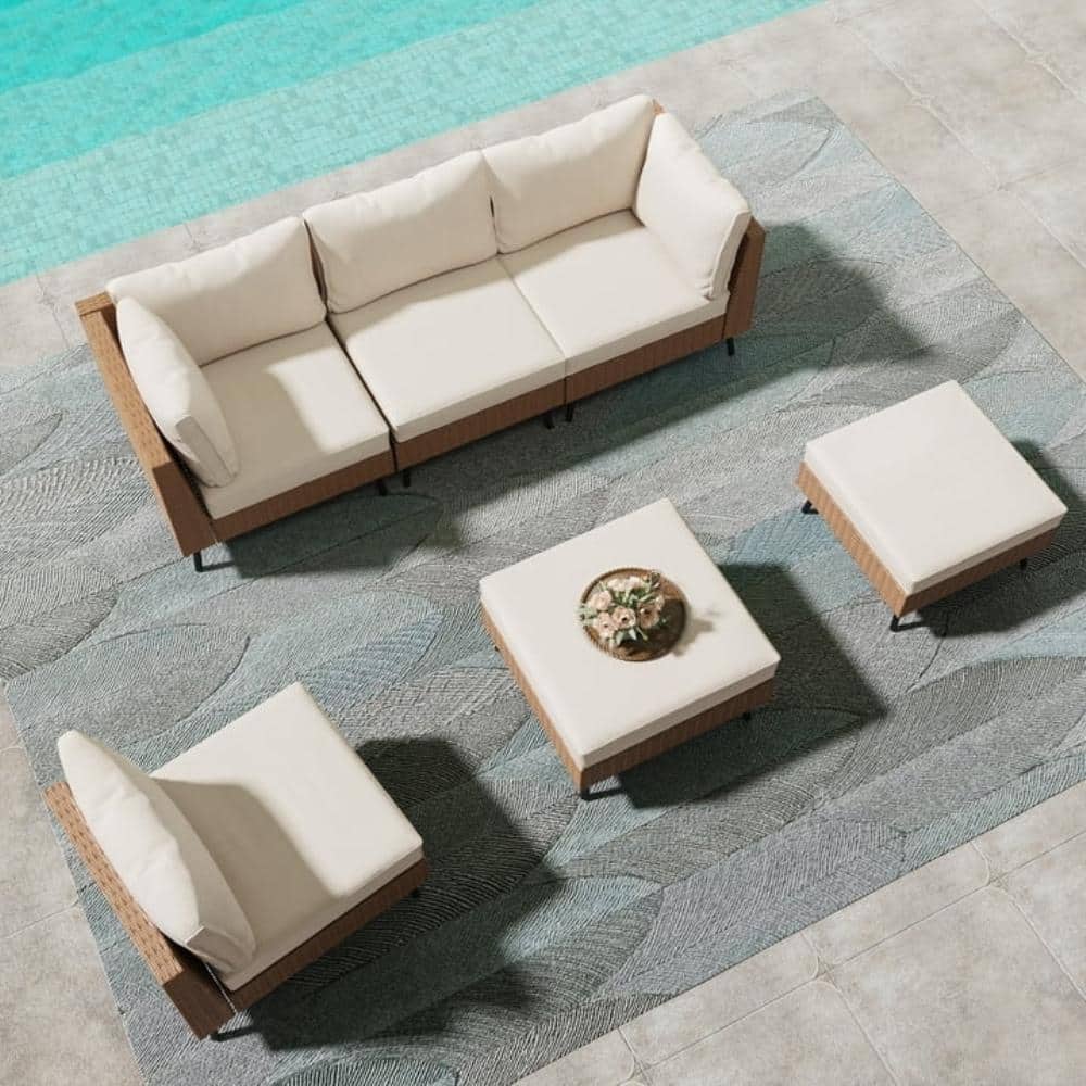 Beige 6-Piece Steel Frame Patio Furniture Set with Cushions