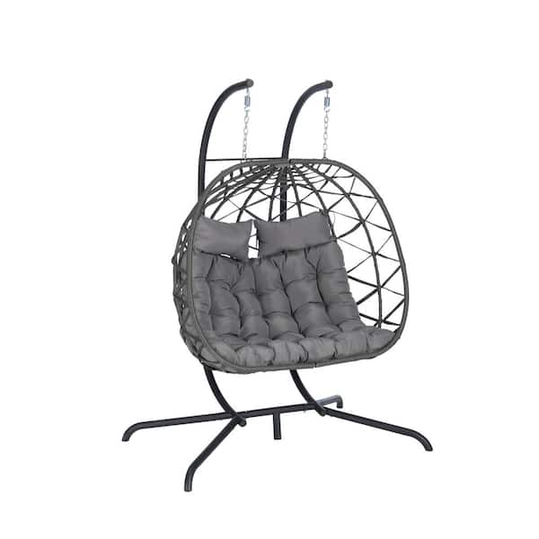 COOLSHARK Outdoor Large 2-Person Patio Hanging Chair 600 lbs. Wicker Swing Egg Chair with Heavy Duty Stand, Thickness Cushions
