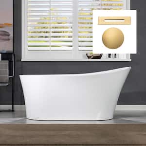 Jackson 59 in. Acrylic FlatBottom Single Slipper Bathtub with Brushed Gold Overflow and Drain Included in White