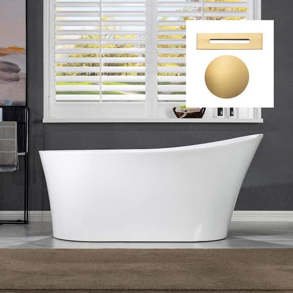 WOODBRIDGE Jackson 59 in. Acrylic FlatBottom Single Slipper Bathtub with Brushed Gold Overflow and Drain Included in White