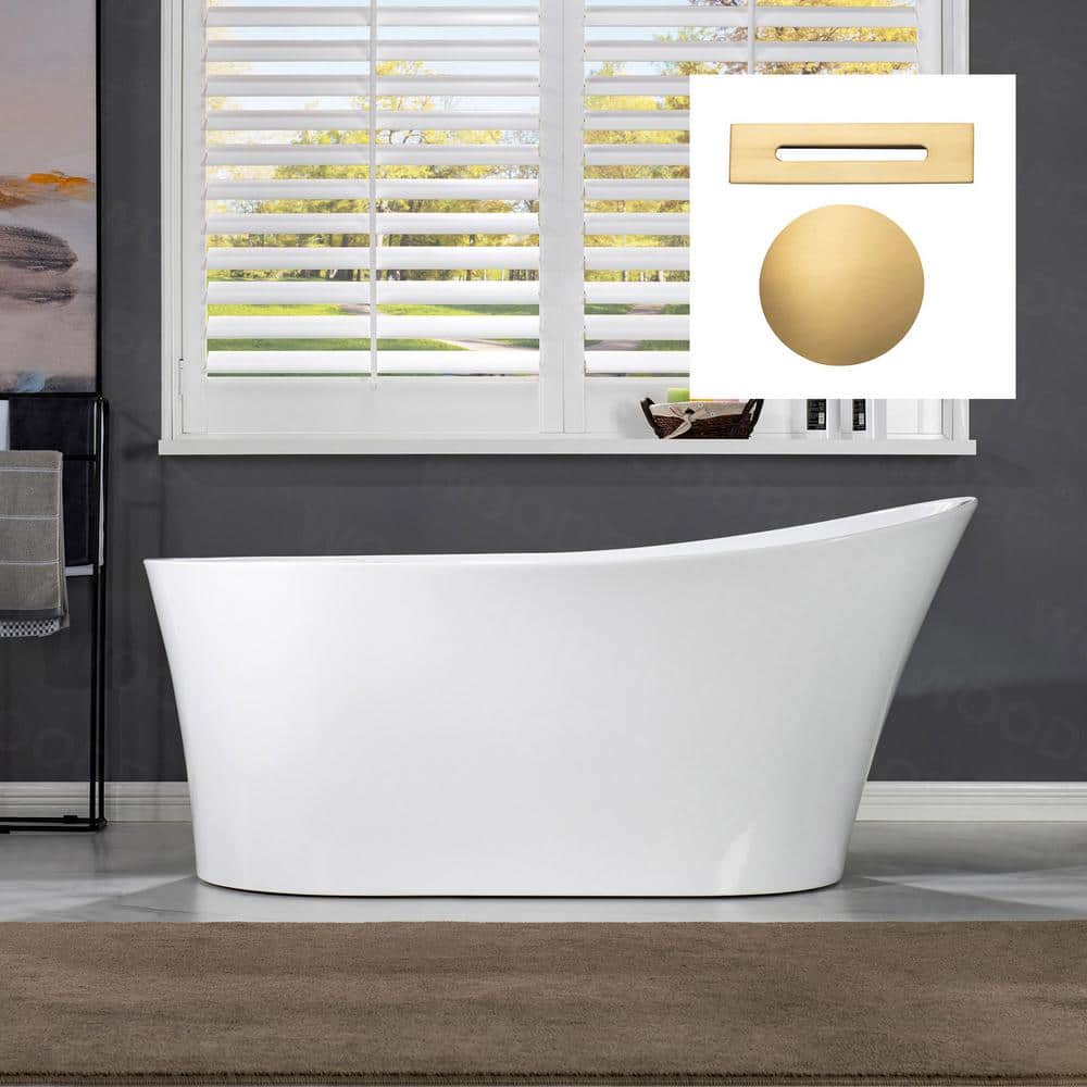 67 in. Acrylic Freestanding Flatbottom Single Slipper Bathtub with Brushed Gold Overflow and Drain Included in White price history on PriceWatchPro