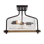 Drum 2-Light Modern Rustic Black Semi-Flush Mount Ceiling Light Seeded Clear Glass Shade and Distressed Wood Accents