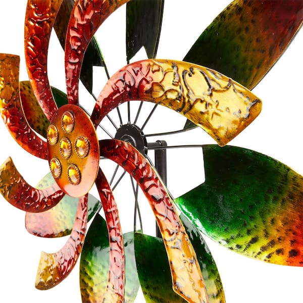 64 in. Tall Floral Windmill Stake with Jeweled Kinetic Spinner, Green and Orange