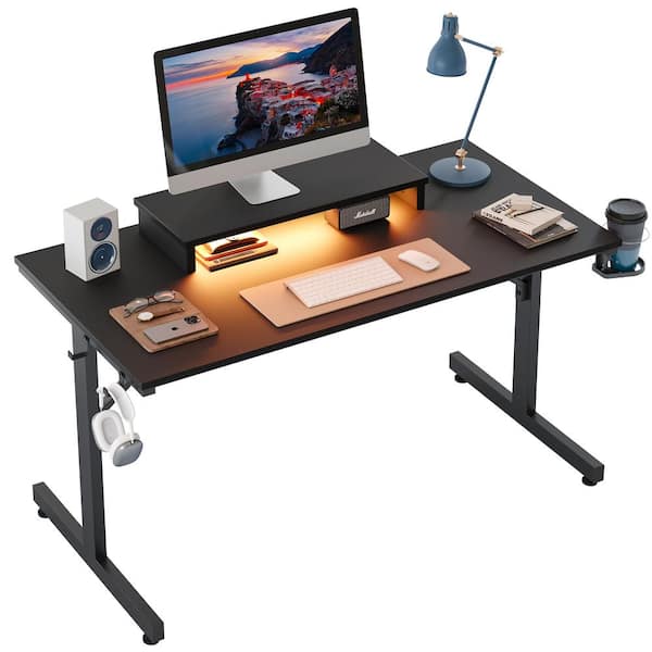 Bestier 42 in. Black LED Gaming Desk with Monitor Stand and Cup Holder