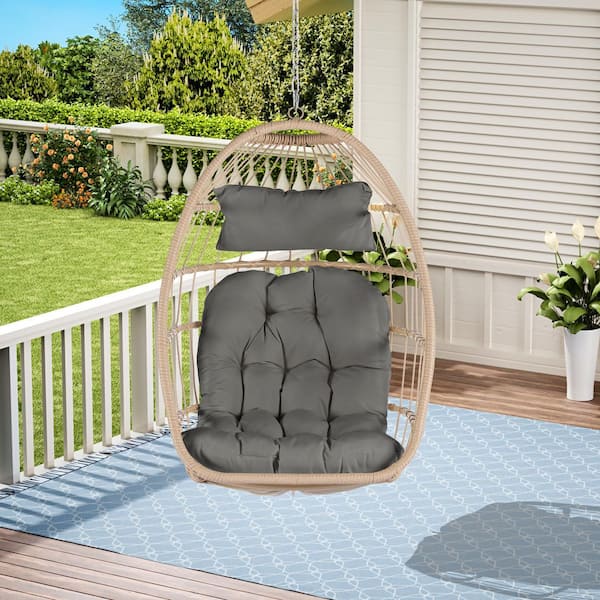 Unbranded Outdoor Garden Rattan Wood Egg Swing Chair Hanging Chair With Dark Gray Cushion