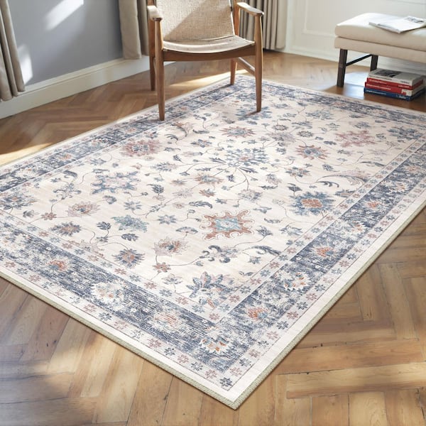 Mystery Garden Blue 3 ft. x 5 ft. Distressed Vintage Floral Washable Area Rug