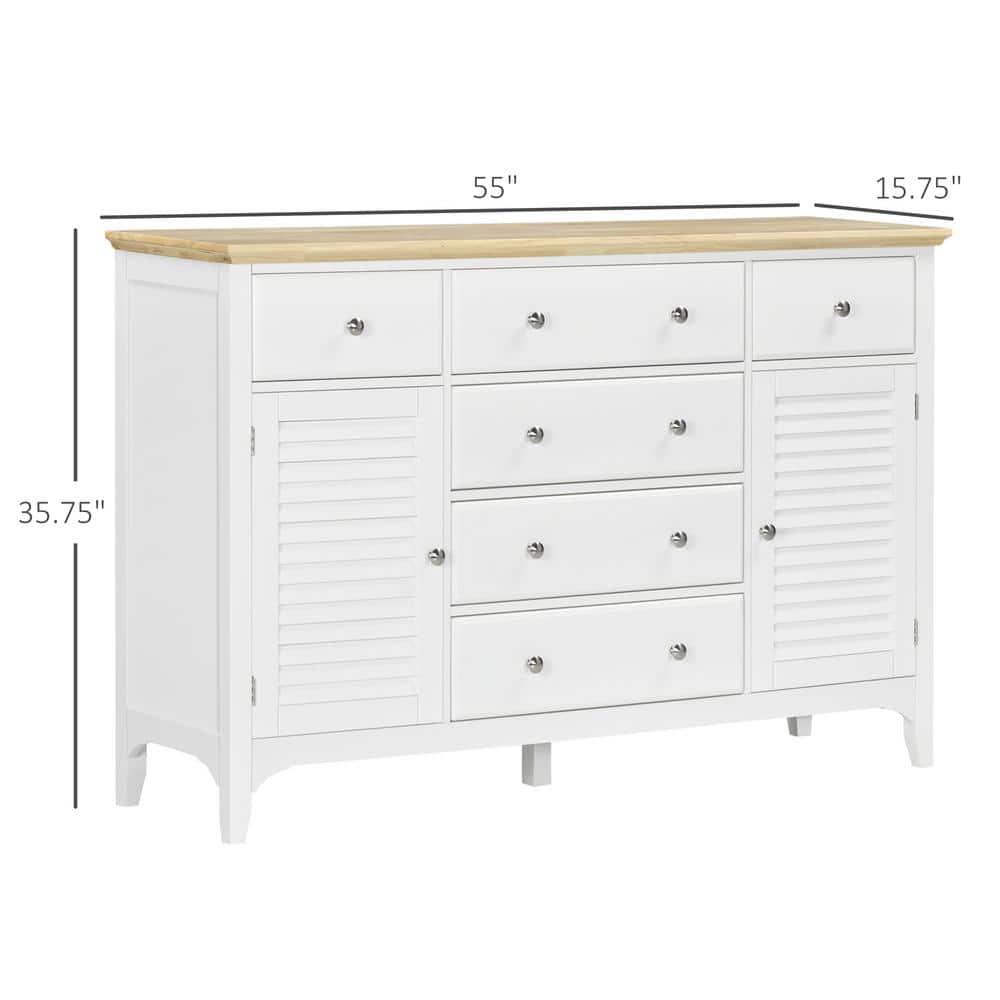 Modern White Sideboard Buffet with Adjustable Shelves and Rubberwood Top