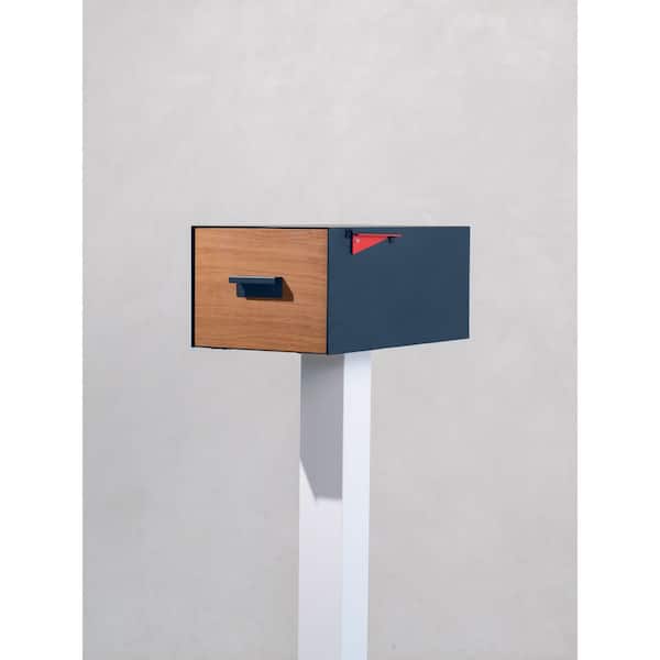 The Malone Color Series-Large Blue Malone Post Mounted Mailbox with White Post and Sublimated Wood Door