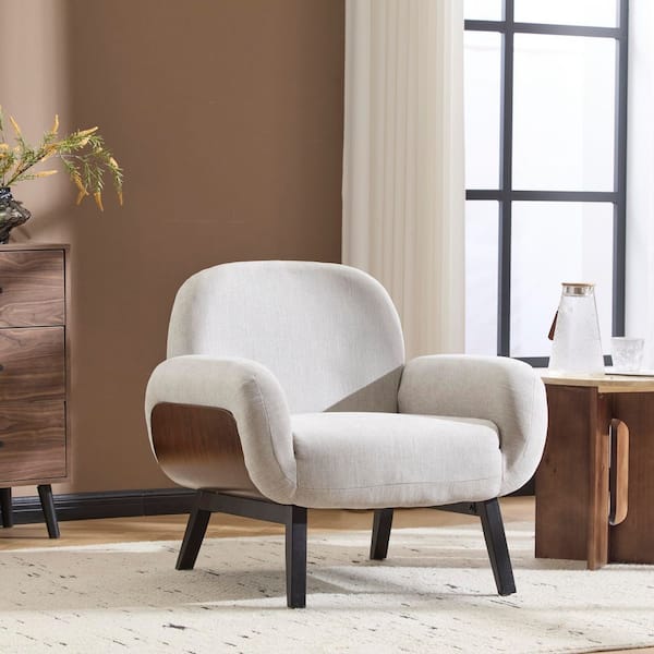 Gray Polyester Upholstered Accent Chair Arm Chair with Rubber Wood Legs, Bent Wood Armrest Decoration