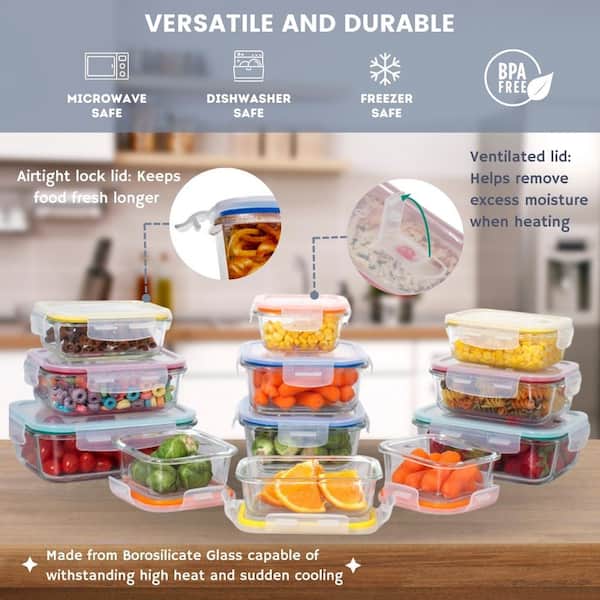  JoyJolt JoyFul 24pc(12 Airtight, Freezer Safe Food Storage  Containers and 12 Lids), Pantry Kitchen Storage Containers, Glass Meal Prep  Container for Lunch, Glass Storage Containers with Lids: Home & Kitchen
