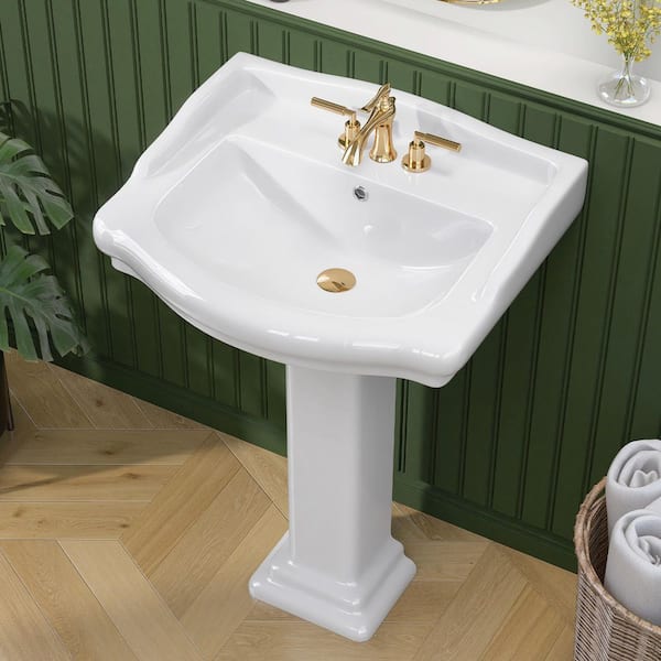 Bos 23 in. W x 34 in. H White Vitreous China Pedestal Combo Bathroom Ceramic Vessel Sinks with 3-Centerset Faucet Hole