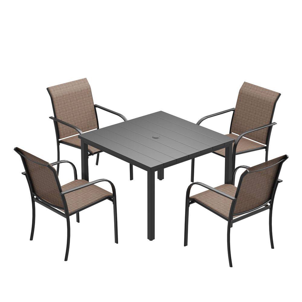 5-Piece Patio Dining Set with Black Square Metal Table and 4-Brown Dining Chairs with Curved Armrests for Outdoor Use price history on PriceWatchPro