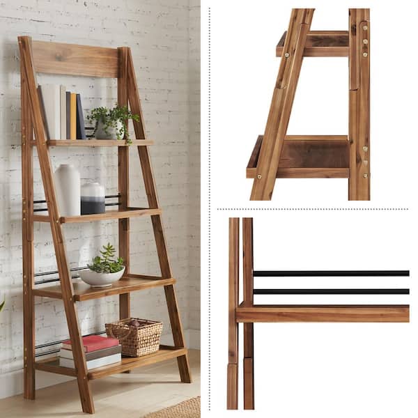 68 in. Tall 4-tier Ladder Bookshelf, Bookcase with X-Back Frame, Solid Wood and Metal, Walnut