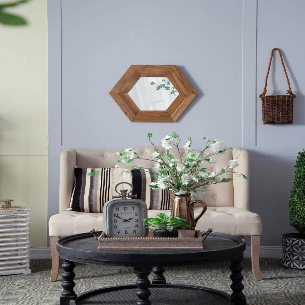 21.5 in. W x 18.5 in. H Solid Wood Frame Natural Hexagon Mirror, Wall Decor