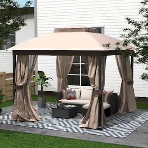 10 ft. x 10 ft. Softtop Metal Gazebo with Mosquito Net and Sunshade Curtains, Sturdy heavy-duty Double Roof Canopy