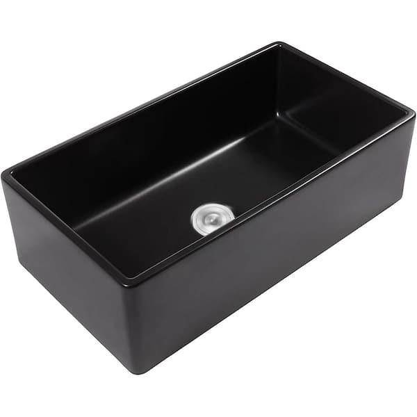 Black Fireclay 24 in. Single Bowl Apron-Front Kitchen Sink with Basket Strainer