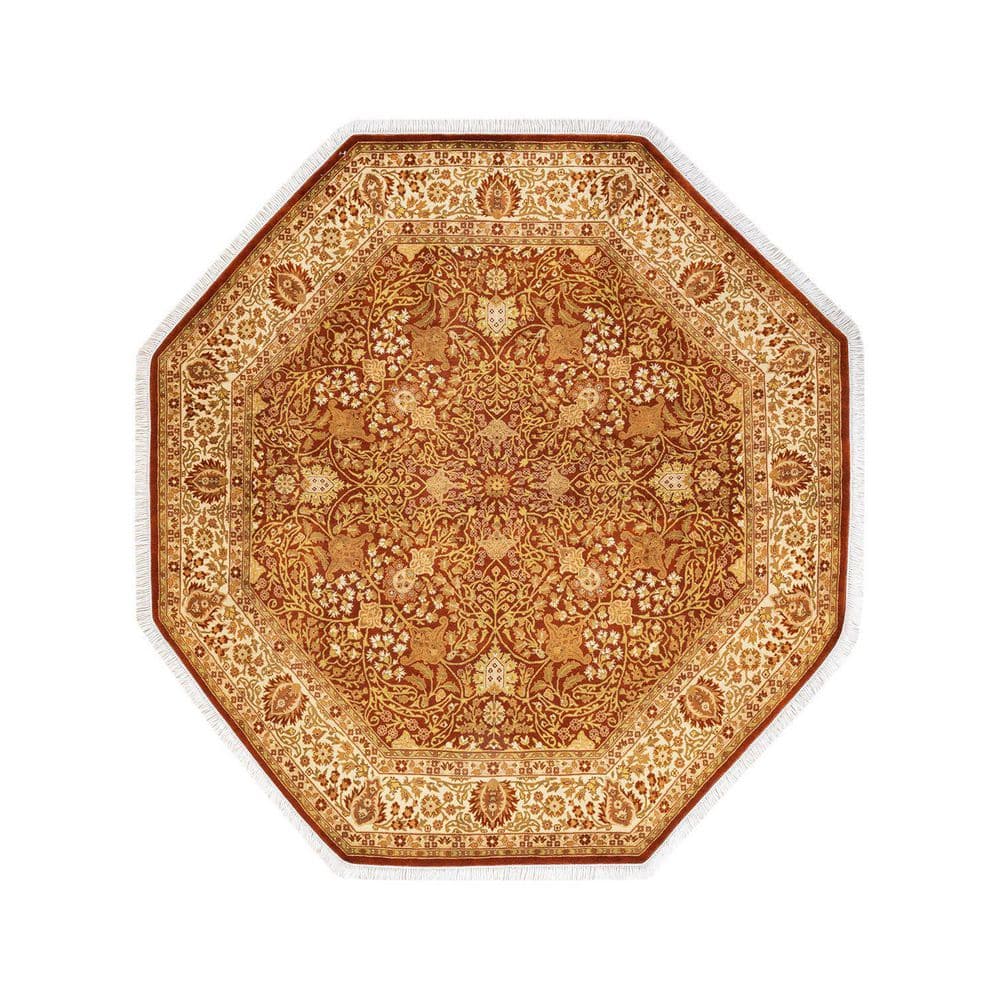 Hand-Knotted Round Oriental Wool Rug in Orange and Beige