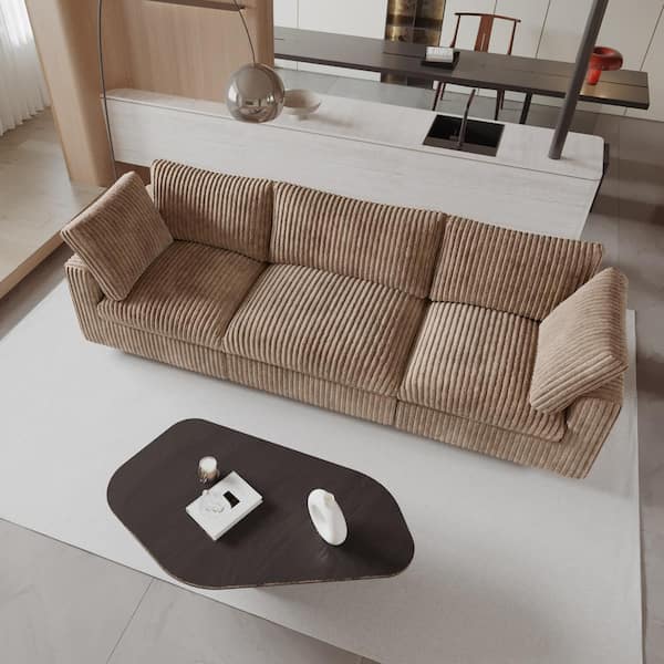 J&E Home 118.1 in. W Square Arm Faux Rabbit Plush Fabric Rectangle Reclining Sofa in. Brown