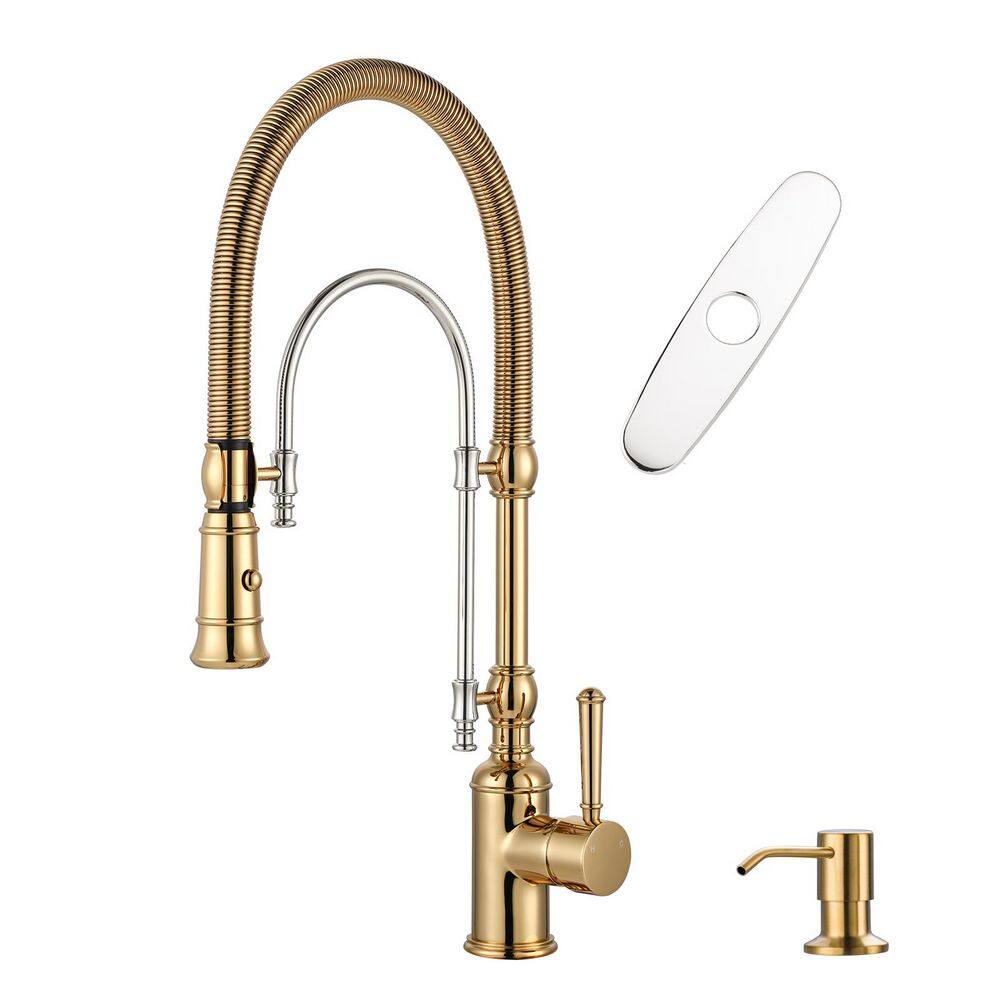 20.7 in. H Single Handle Deck Mount Pull Down Sprayer Kitchen Faucet with 360° Spout Swivel in Gold and Chrome price history on PriceWatchPro