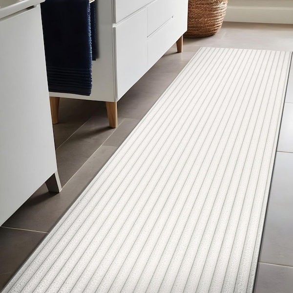 UltraPlush Touch 2 ft. x 7 ft. White Non-Slip Rubber Back Washable Polyester Stripes Indoor Area Rug