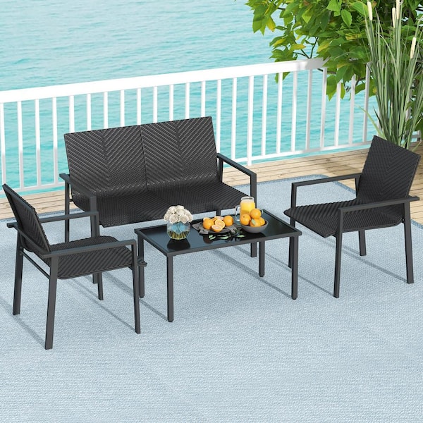 ANGELES HOME 4-Piece Metal Wicker Patio Conversation Seating Set with Heavy Duty Galvanized Metal Frame-Black