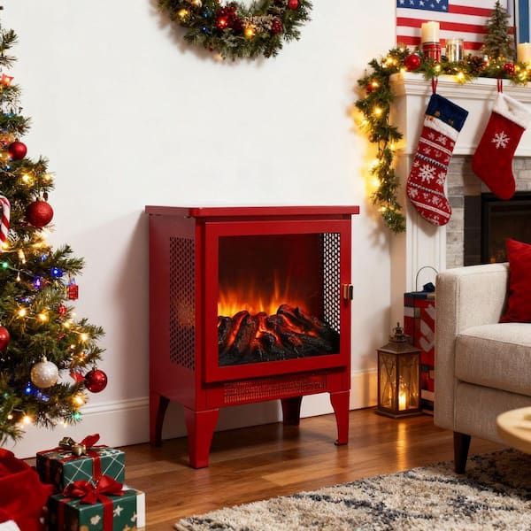 14 in. Freestanding Fireplace Heater 400 sq. ft. Electric Stove,1400W/700W Heat,3D Flame Effect,Safety Protection,Red