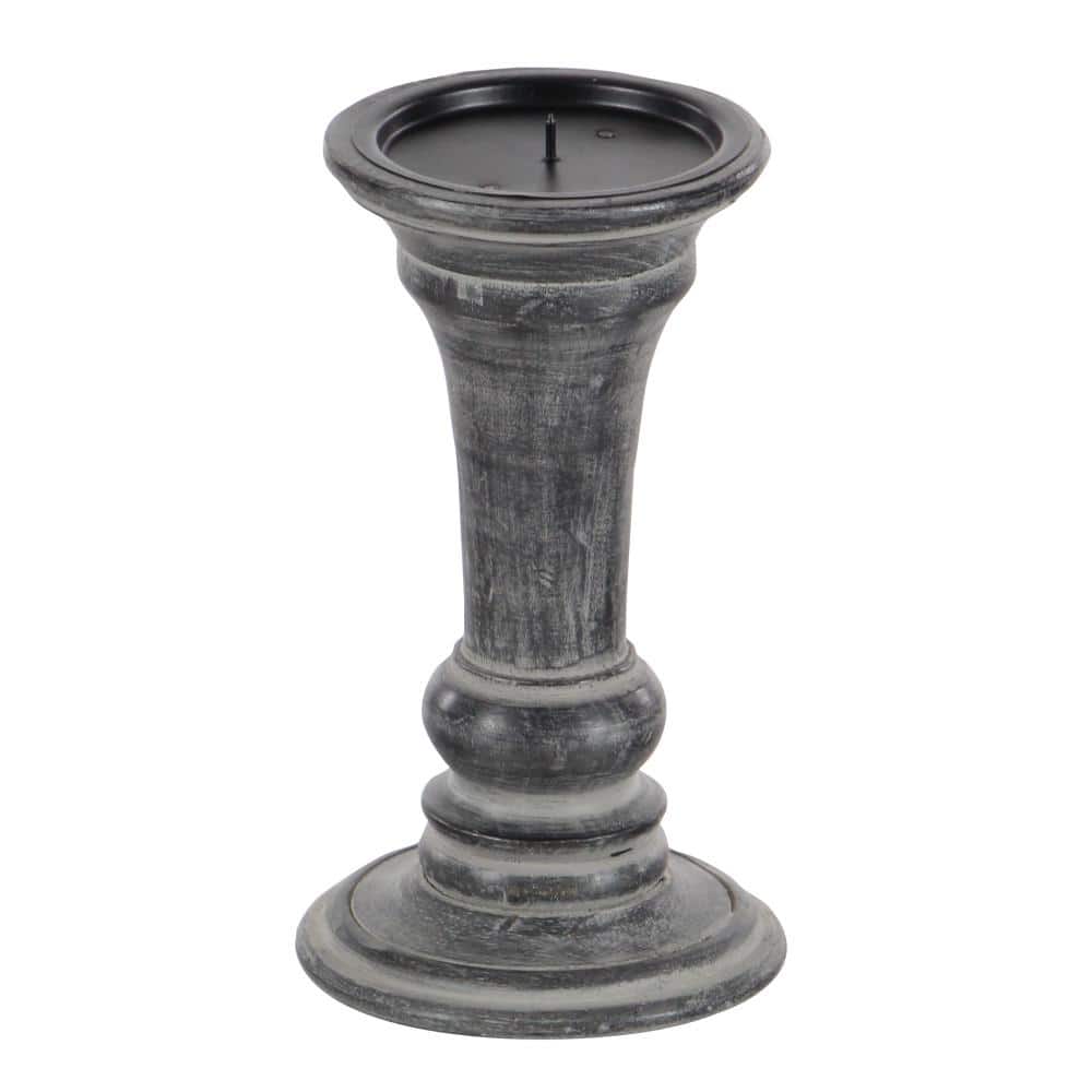 Black Mango Wood Ridge Embellished Candle Holders, Set of 3