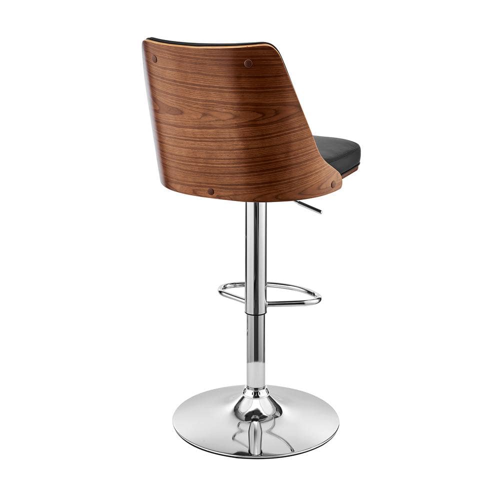 Adjustable Swivel Black Leather & Walnut Wood Bar Stool with Chrome Base
