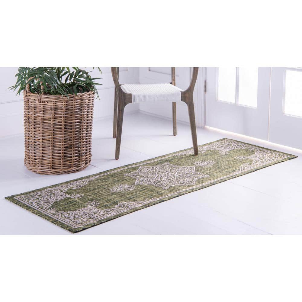Green and Gray Synthetic Flat Woven Outdoor Runner Rug