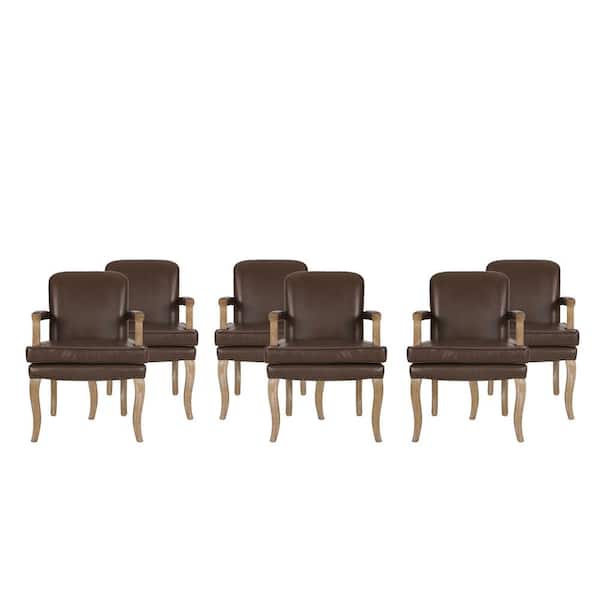 Noble House Ardson Dark Brown and Natural Faux Leather Dining Arm Chairs (Set of 6)