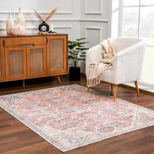Konstantina 5 ft. X 7 ft. Peach, Pink, Mustard, Red, Beige, Aqua Floral Distressed Transitional Style Washable Area Rug