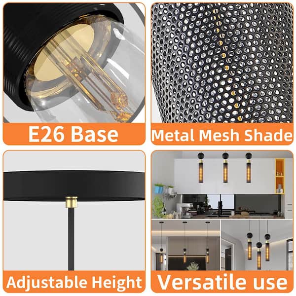 Modern Black Wrought Iron 1-Light Pendant Light, Adjustable Cord Ceiling Fixture for Kitchen, Bulb Not Included, 3 Pack