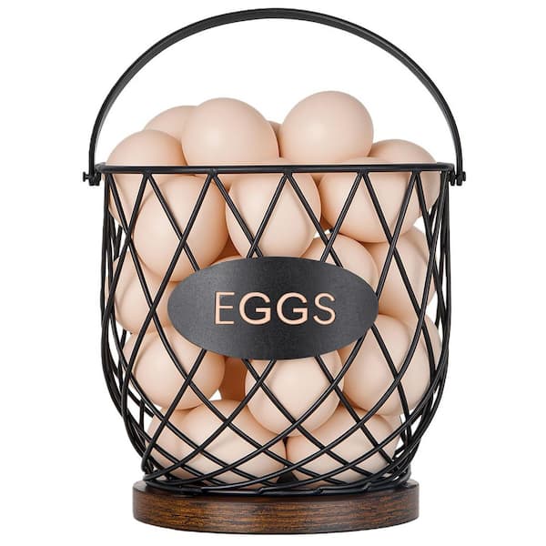 Black Chicken Egg Basket for Gathering Fresh Eggs with Metal Handle, Wire Egg Collecting Basket with Wooden Base