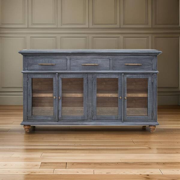 Benjara 17.75 in. Blue, Brown and Gold Round Wooden Console Table with 3-Drawers and 4-Glass Doors