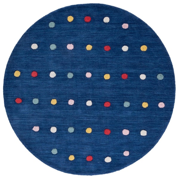 Kids 5 ft. x 5 ft. Navy Polka-Dot Striped Round Area Rug