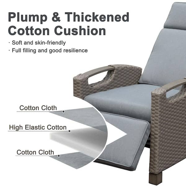 Brown Adjustable Wicker Frame Outdoor Patio Recliner with Extendable Side Table, Retractable Footrest Gray Cushion